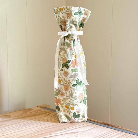 White & Gold Rifle Paper Floral - Bottle Bag