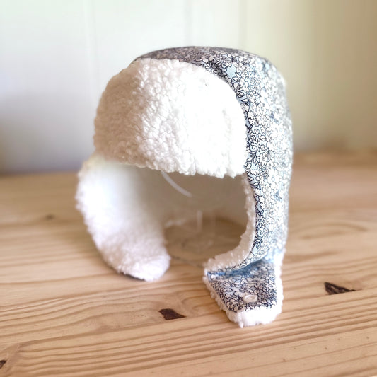 Blue & White Floral & White - Trapper Hat (Size 4-7 Years)