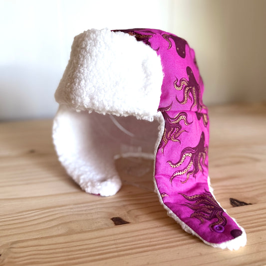 Magenta Octopus & White - Trapper Hat (Size 4-7 Years)