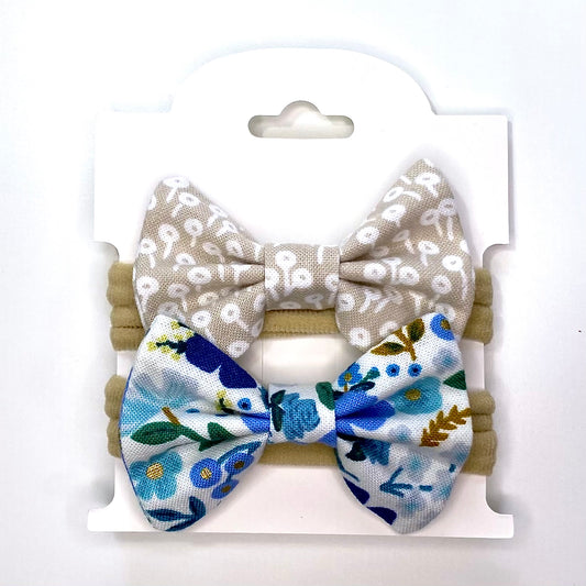 Blue Floral & Cream - Bow Set