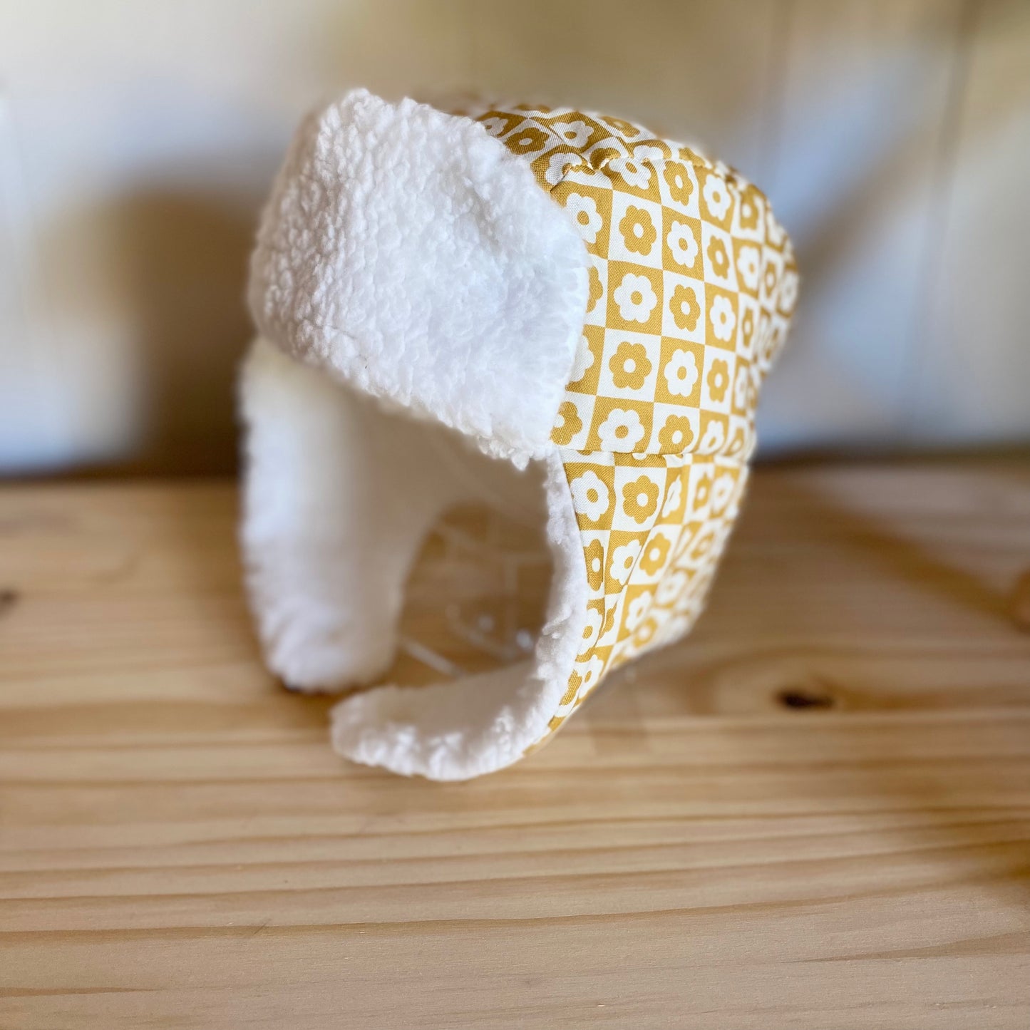 Mustard & White Daisy & White - Trapper Hat (Size 12-24 Months)