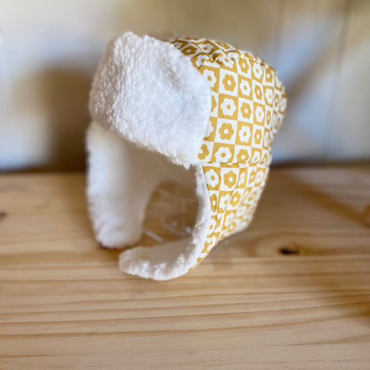 Mustard & White Daisy & White - Trapper Hat (Size 12-24 Months)