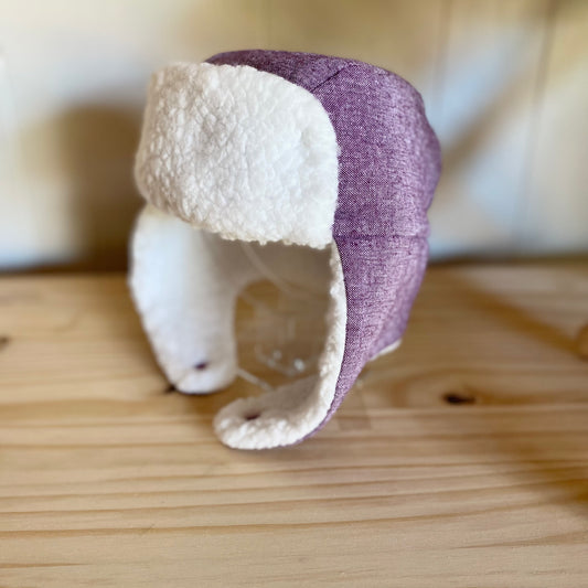 Purple Linen & White - Trapper Hat (Size up to 12 Months)
