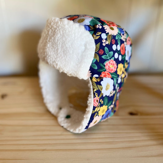 Blue Rifle Paper Floral & White - Trapper Hat (Size 2-4 Years)