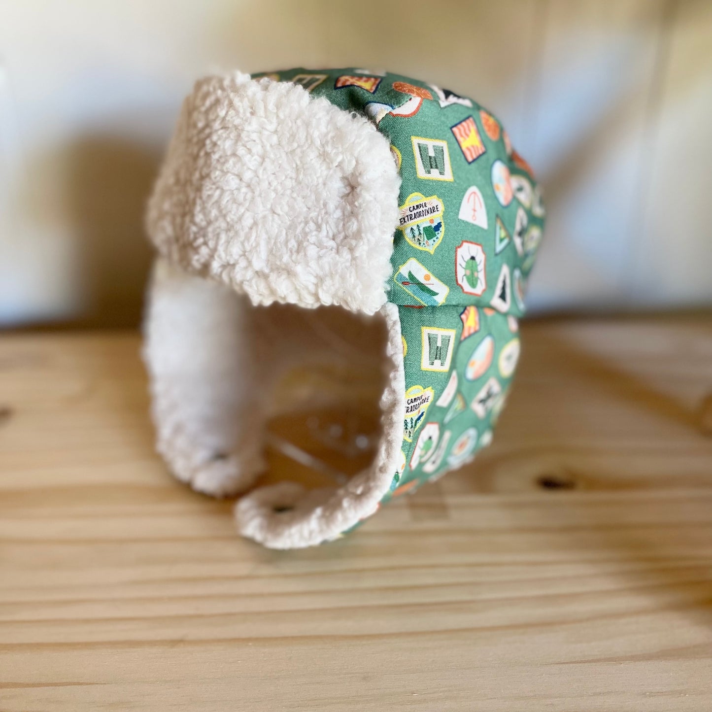 Green Badges & Cream - Trapper Hat (Size 12-24 Months)